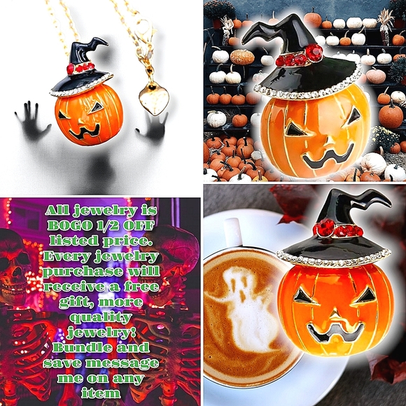Gold plated red and white crystal Jack o lantern witch necklace/brooch - Picture 2 of 16